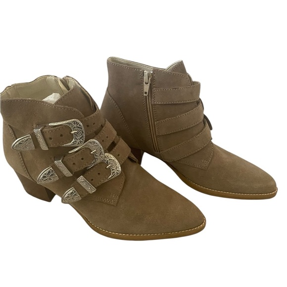 ASOS Triple Buckle Suede Western Ankle Boots Taupe Size 5 | Made in Italy - Picture 2 of 16